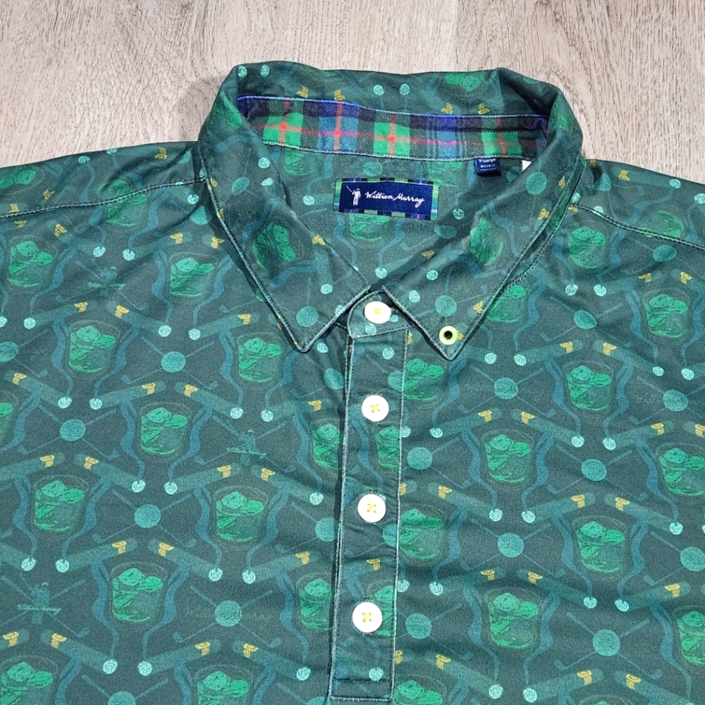 William Murray Cigars Cocktails Aop Polo Golf Shirt Dark Green Sz XLarge